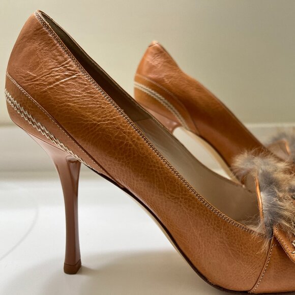 Vintage Dior Leather Fur Brown/Camel 4" High Heels US 9.5 EU 39.5 With Box - Picture 2 of 10